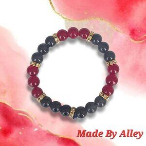Handmade Red and Black 8mm Glass Beaded Bracelet with Gold Rhinestone Spacers